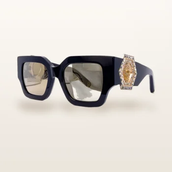 Syze dielli Philipp Plein SPP103S e zezë me kokë të artë me kristale – Italoptik